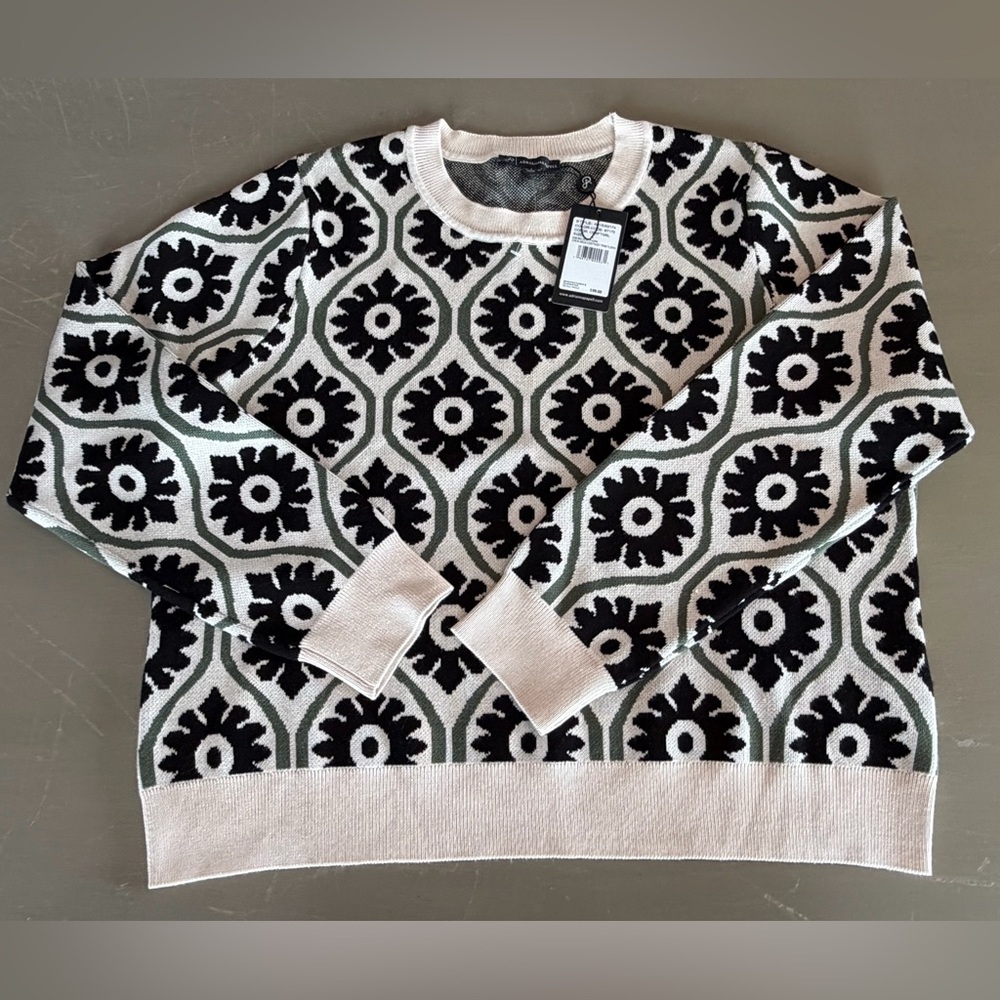 Adrianna Papell Cream Black Olive Floral Jacquard Sweater Crewneck Women L NEW - Picture 1 of 8